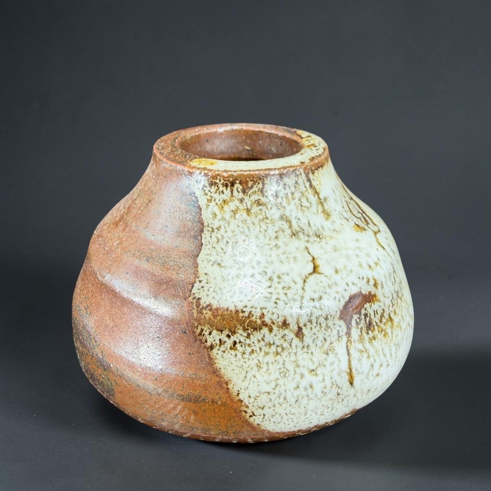 Handmade USA Pottery Brutalist Mini Bud Vase Brown Cream Drip Glaze 1.5" x 1"